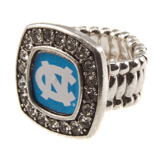 Wholesale university North Carolina silver stretch band ring crystal rhinestones