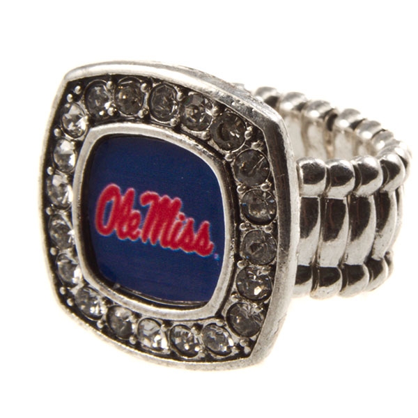Wholesale ole Miss silver stretch band ring crystal rhinestones surrounding logo