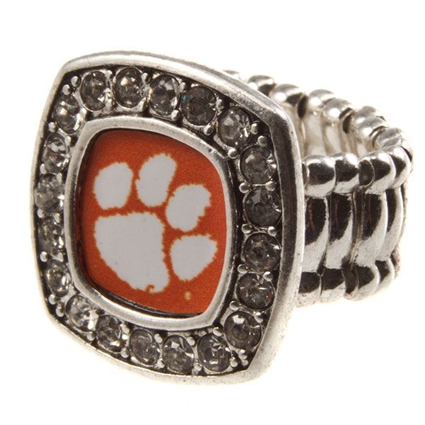 Wholesale clemson University silver stretch band ring crystal rhinestones surrou