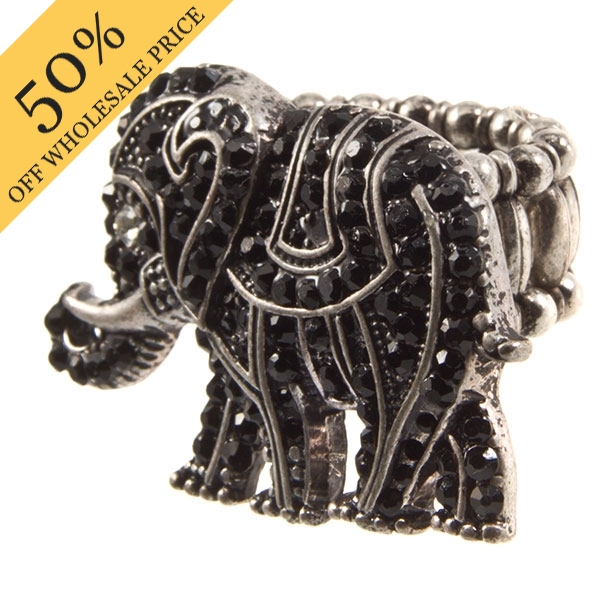 Wholesale gun metal stretch band ring elephant jet rhinestones