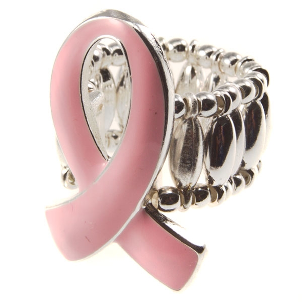 Wholesale silver stretch band ring Breast Cancer Awareness pink ribbon center