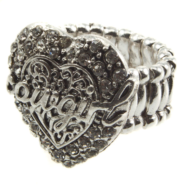 Wholesale silver stretch band ring cowgirl heart crystal rhinestones
