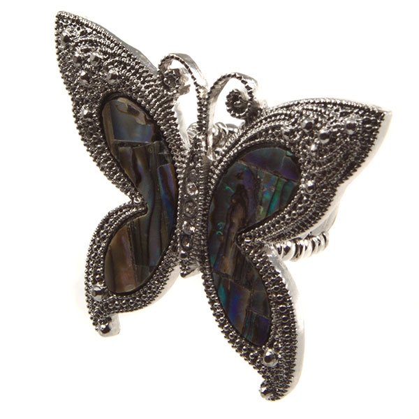 Wholesale silver stretch band ring butterfly iridescent blue accents crystal rhi