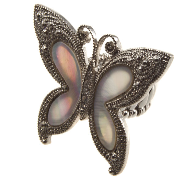 Wholesale silver stretch band ring butterfly mother pearl finish
