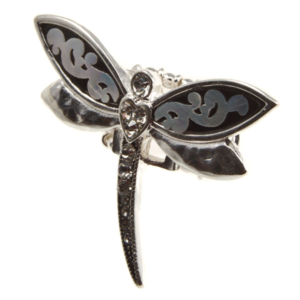Wholesale silver stretch band ring dragonfly mother pearl finish crystal rhinest