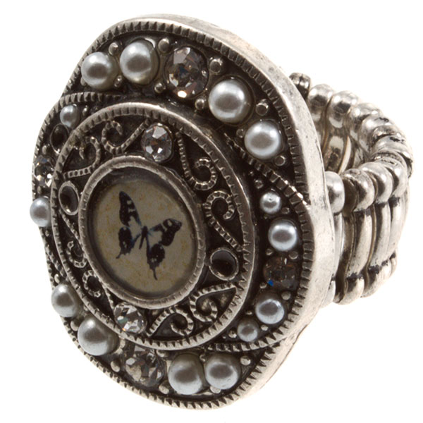Wholesale silver stretch band ring old world Parisian inch tiny pearl beads ink
