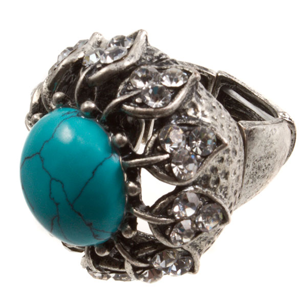 Wholesale silver stretch band ring inch faux marble turquoise stone leaf crystal