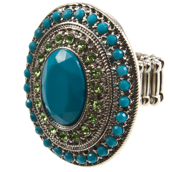 Wholesale silver stretch band ring inch oval comprised aqua beads green rhinesto