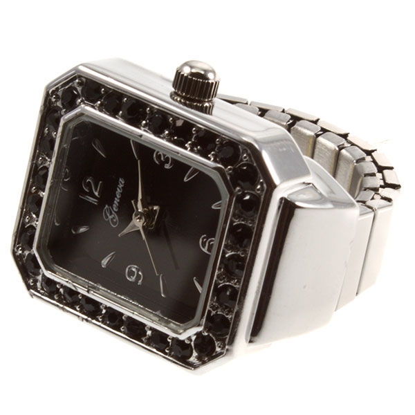 Wholesale silver stretch band ring watch smart sophisticated jet rhinestones