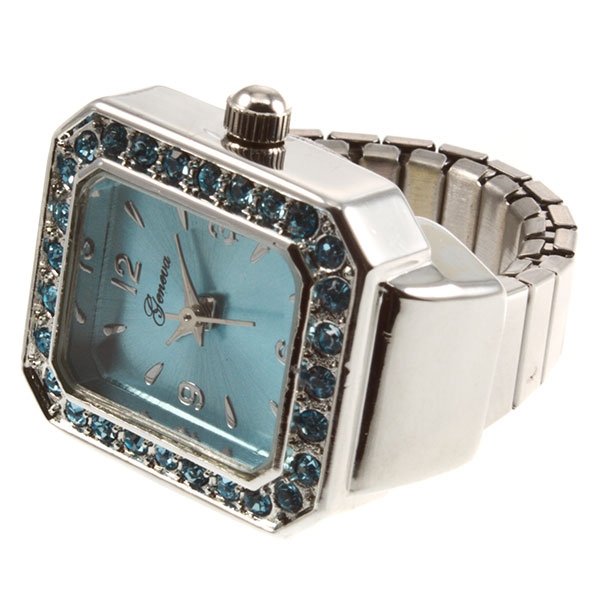 Wholesale silver stretch band ring aqua rhinestones