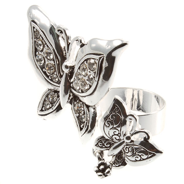 Wholesale silver butterfly ring adjustable band double butterfly bas relief crys