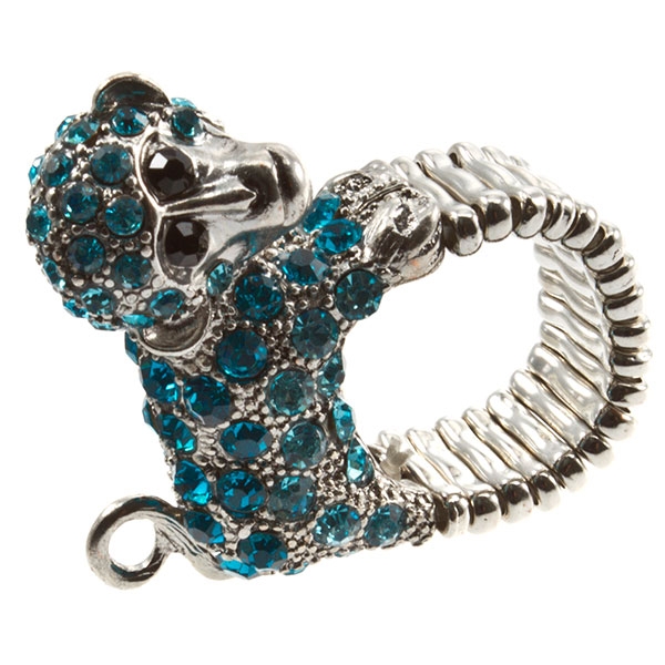 Wholesale silver stretch band ring monkey assorted blue rhinestones