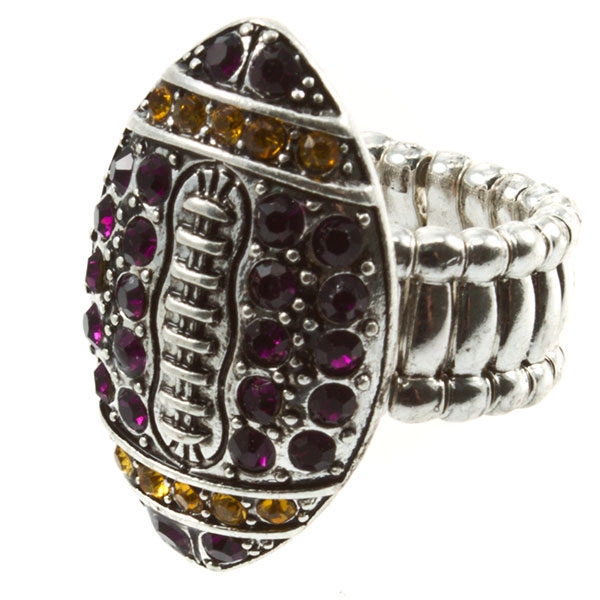 Wholesale silver toned stretch band ring football purple yellow rhinestones
