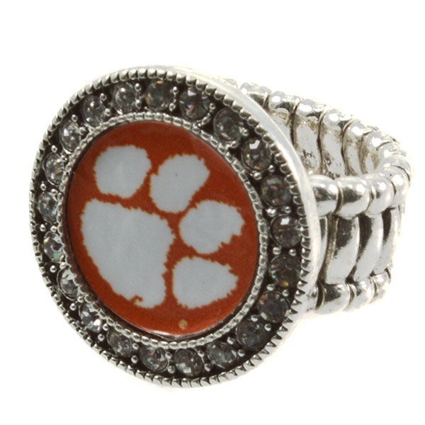 Wholesale silver toned stretch band ring crystal rhinestones surrounding Clemson