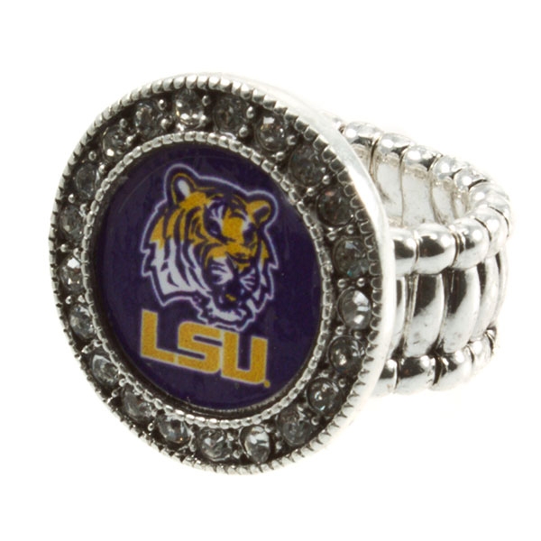 Wholesale silver toned stretch band ring crystal rhinestones surrounding LSU log