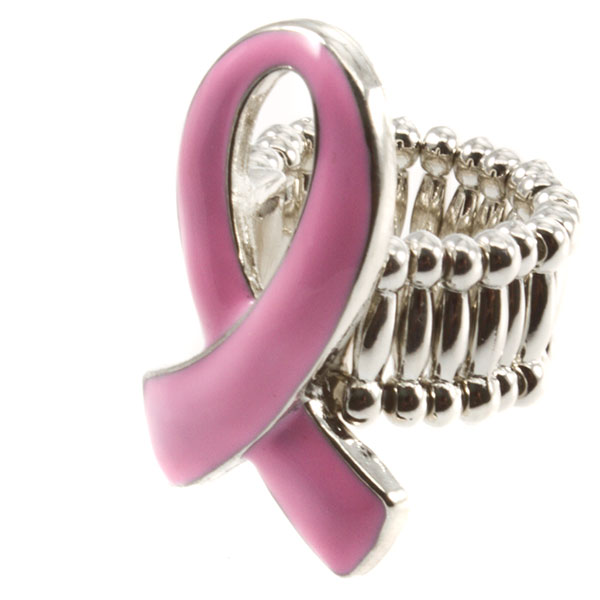 Wholesale silver stretch band ring Breast Cancer Awareness pink ribbon center