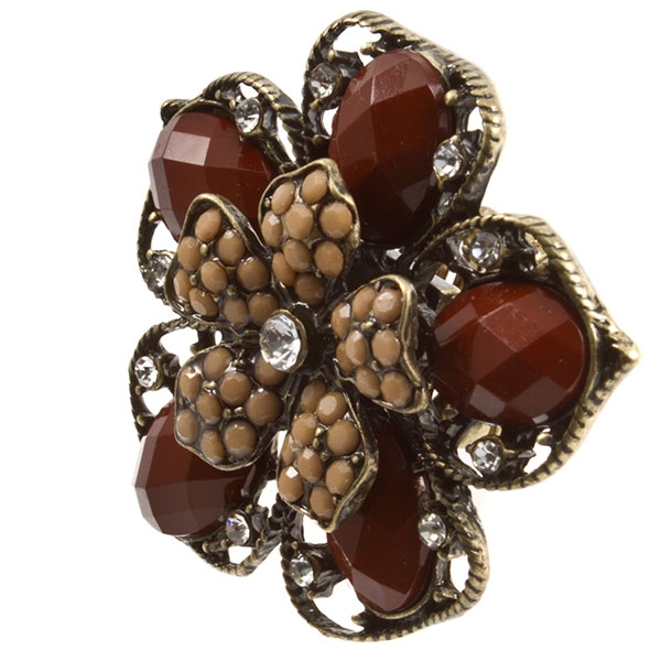 Wholesale gold toned stretch ring large inch flower dark brown acrylic gemstones