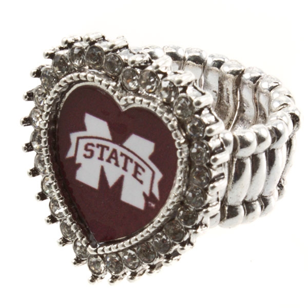 Wholesale silver toned stretch band ring crystal rhinestones surrounding heart M