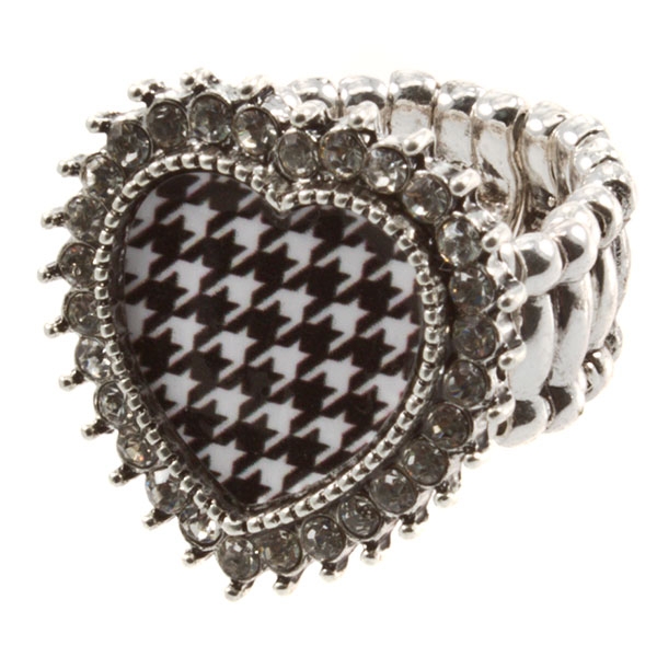 Wholesale silver toned stretch band ring crystal rhinestones surrounding heart H