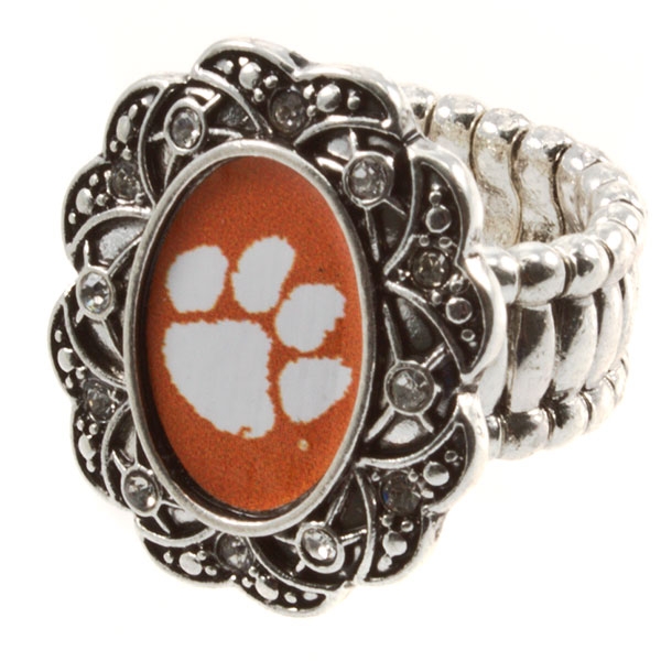 Wholesale silver toned stretch band ring crystal rhinestones surrounding Clemson