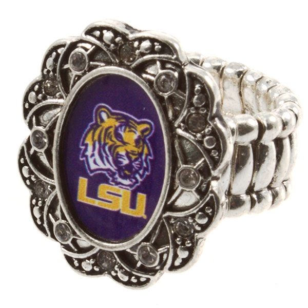 Wholesale silver toned stretch band ring crystal rhinestones surrounding LSU log