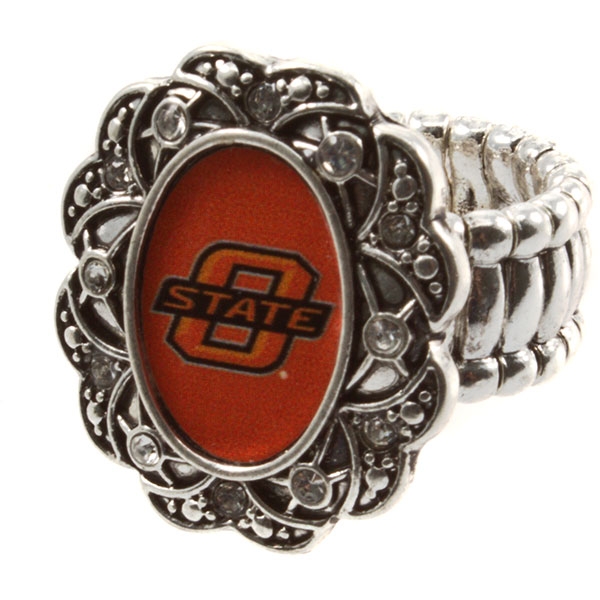 Wholesale silver toned stretch band ring crystal rhinestones surrounding Oklahom
