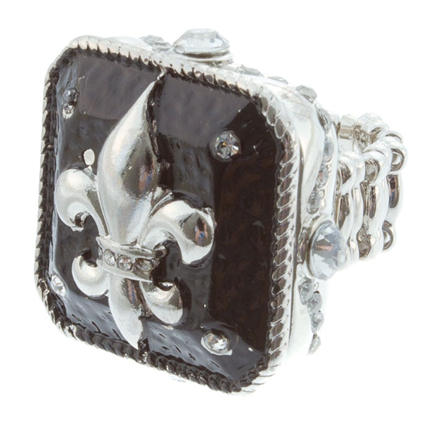 Wholesale polished silver toned square stretch ring fleur de lis