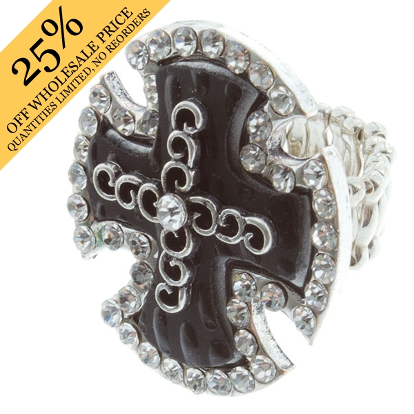 Wholesale silver stretch band ring faux leather cross clear czs