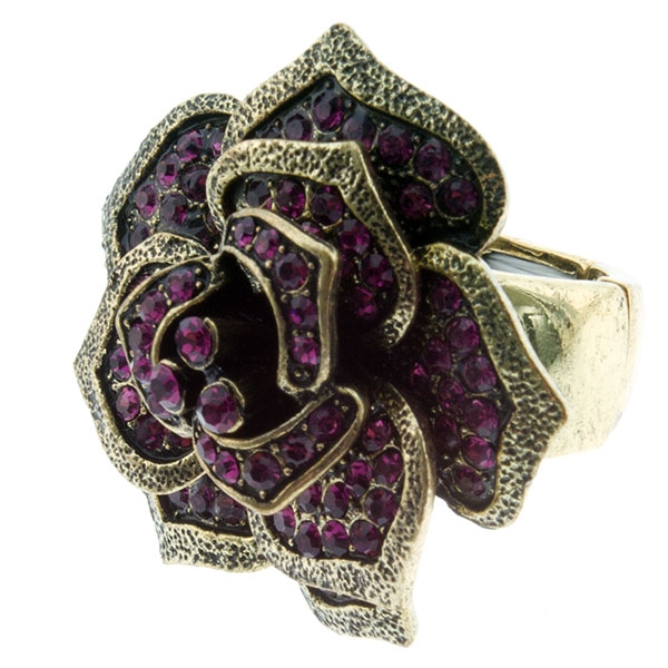 Wholesale textured antique gold rose stretch ring purple rhinestones