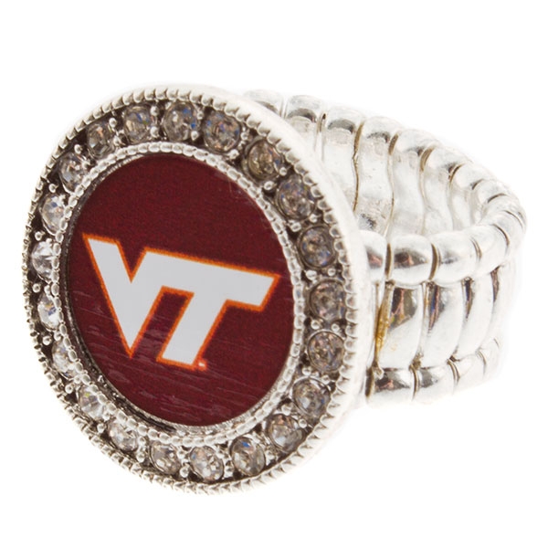 Wholesale silver stretch ring crystal rhinestones surrounding round Virginia Tec
