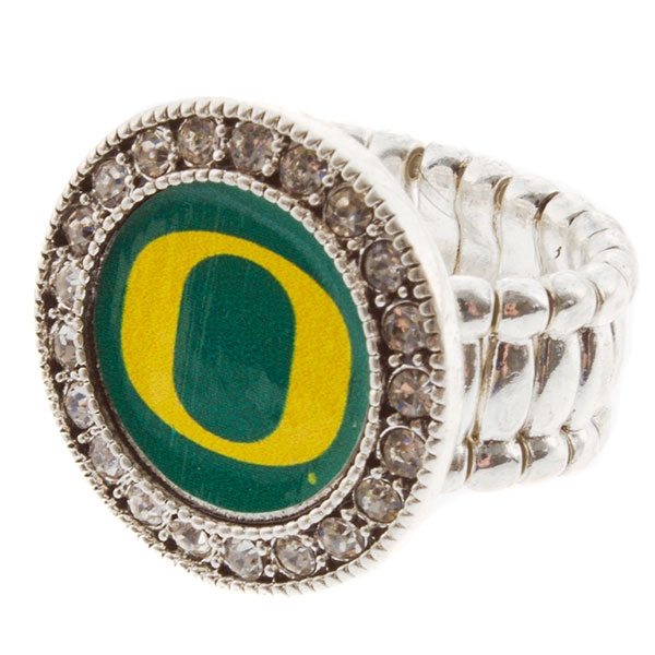 Wholesale silver stretch ring crystal rhinestones surrounding round Oregon logo