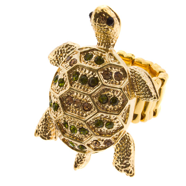 Wholesale gold stretch band ring turtle jet rhinestones