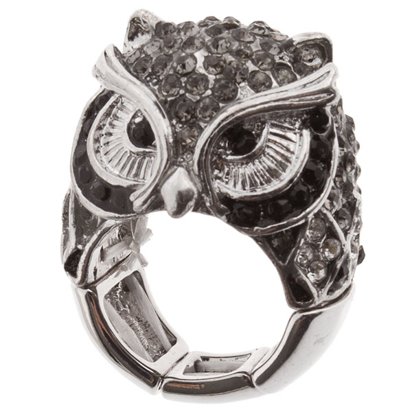 Wholesale silver stretch band ring owl crystal rhinestones