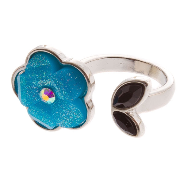 Wholesale unique silver ring aqua flower black onyx cabochon leaves