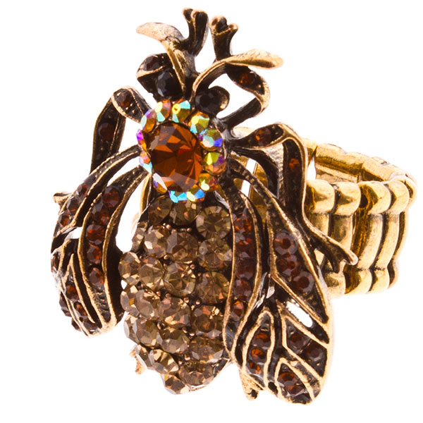 Wholesale silver stretch band ring insect golden rhinestones