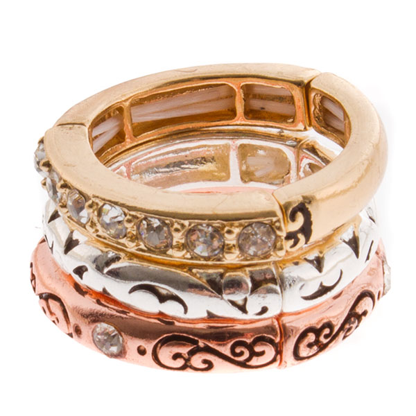 Wholesale ring set tri finish crystal rhinestone accents