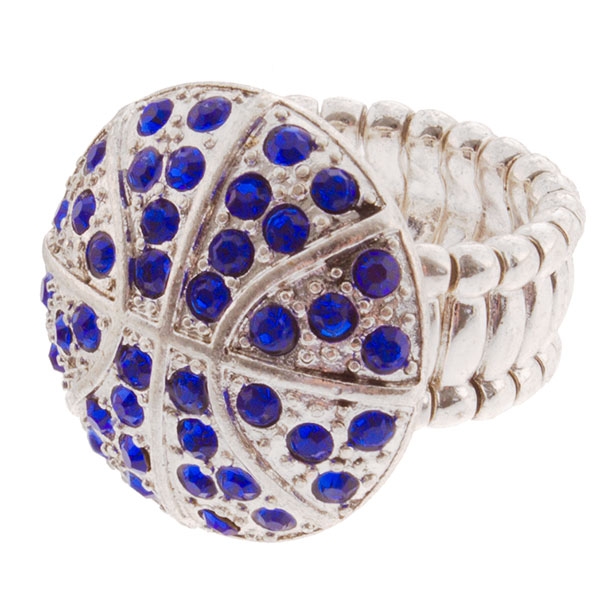 Wholesale silver toned stretch band ring basketball royal blue rhinestones