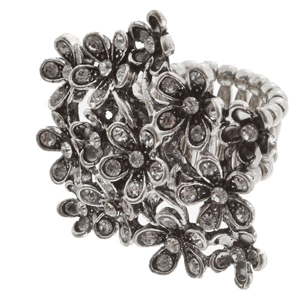 Wholesale silver stretch band ring floral garden small crystal rhinestones ring