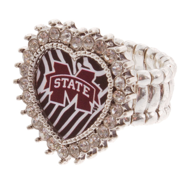 Wholesale silver toned stretch band ring crystal rhinestones surrounding heart M