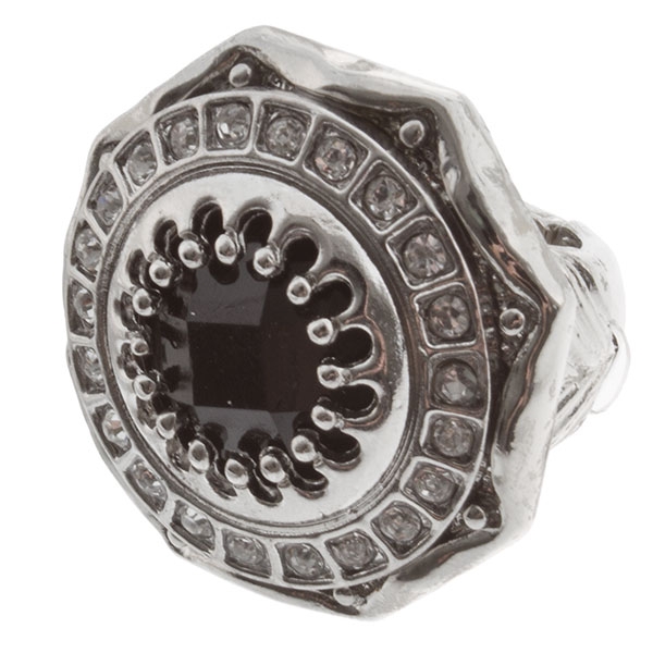 Wholesale brushed polished silver stretch band ring inset black onyx stone cryst