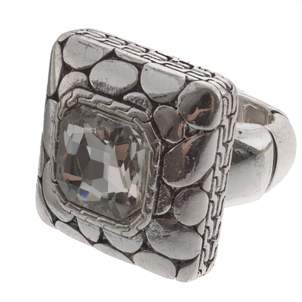 Wholesale silver smooth stretch band ring square pebble crystal rhinestone inset